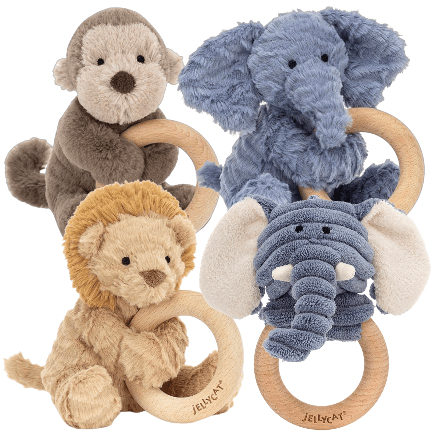 Jellycat London Shooshu & Fuddlewuddle & Cordy Holz-Greifring wahlweise Affe, Elefant und Elefant ca. 14x11cm - Bitangel RENOVATE & FURNISH HOMES GmbH