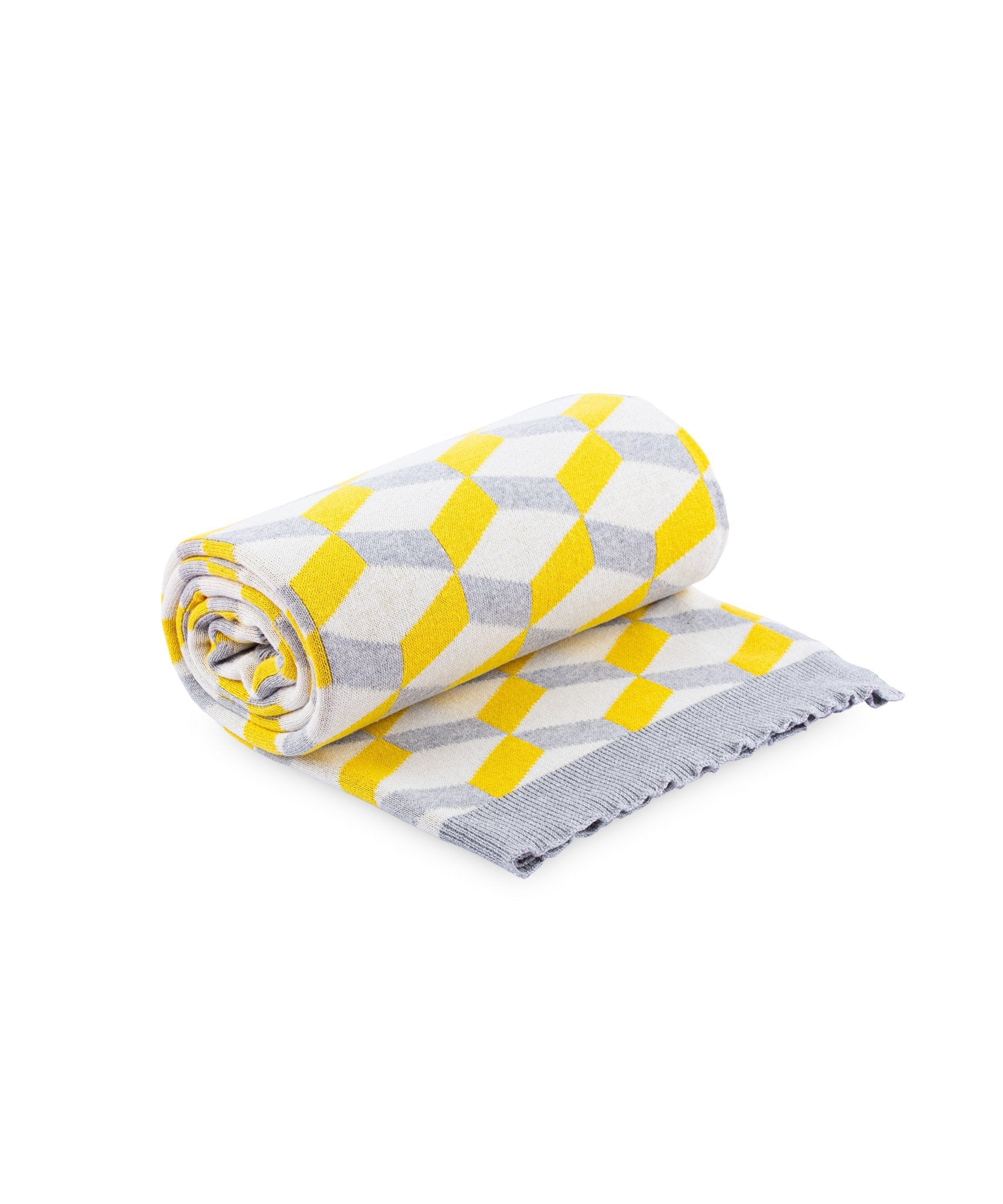 Agatha Porto edle handgestrickte Baumwolldecke wahlweise in sonnengelb oder bunt mit graphischen Muster ca. 120x60cm, ca. 900gr - Bitangel RENOVATE & FURNISH HOMES GmbH