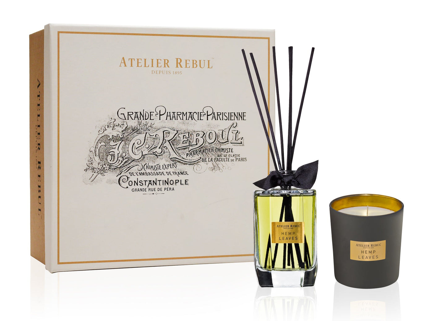 Atelier Rebul Geschenk Box Hemp Leaves Hanfblatt wahlweise als Reed Diffuser 200ml & Duftkerze 210g oder Geschenkset mit Reed Diffuser & Duftkerze im Set - Bitangel RENOVATE & FURNISH HOMES GmbH