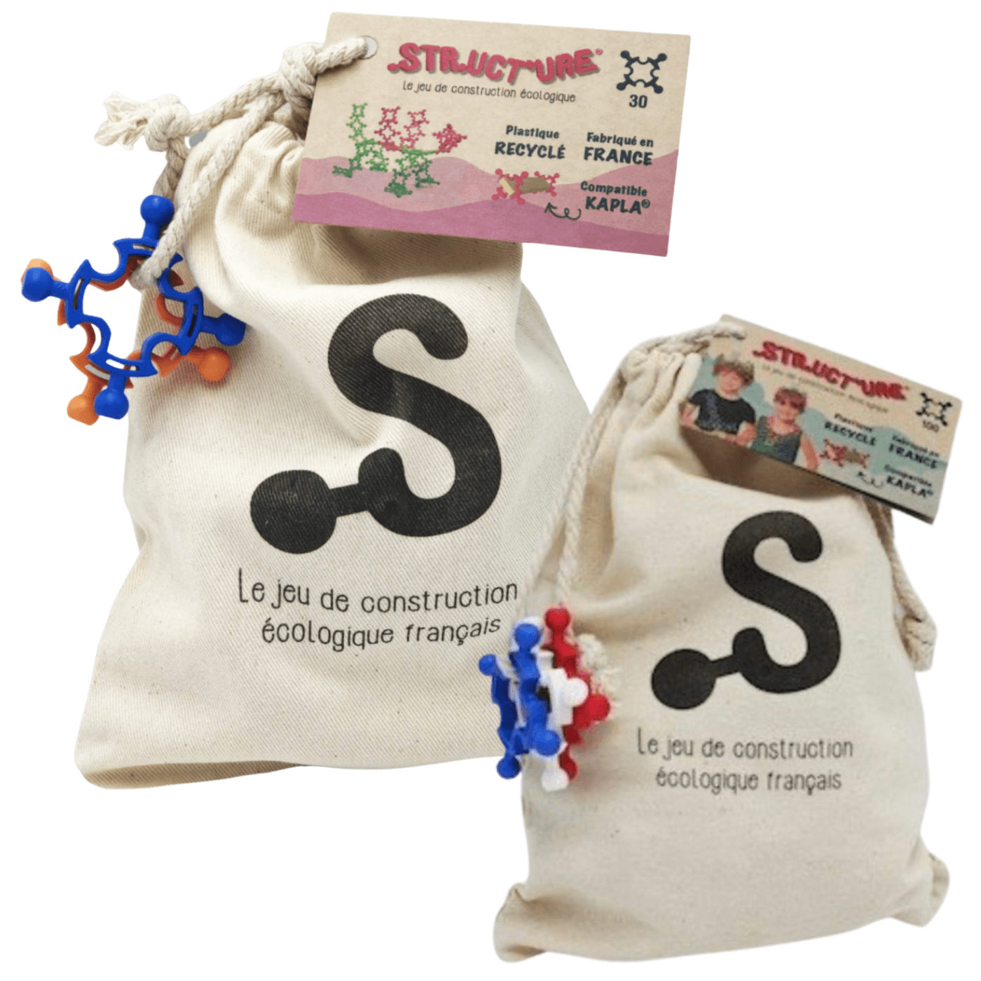 Clip It Structure Konstruktionsspiel zum bauen in 2D und 3D wahlweise 50 oder 100 Sück im Bio-Baumwollbeutel, aus 100 % recyceltem Kunststoff, je Konstrucksionsteil ca. L18xB15xH7 & ca. 200gr schwer. - Bitangel RENOVATE & FURNISH HOMES GmbH