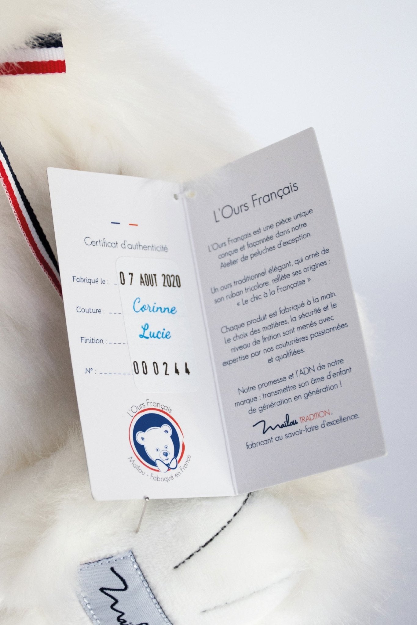 Maïlou Tradition handgemachter Plüschbär wahlweise in ca. 35cm, 50cm und 65cm L'OURS FRANCAIS weiss - Bitangel RENOVATE & FURNISH HOMES GmbH