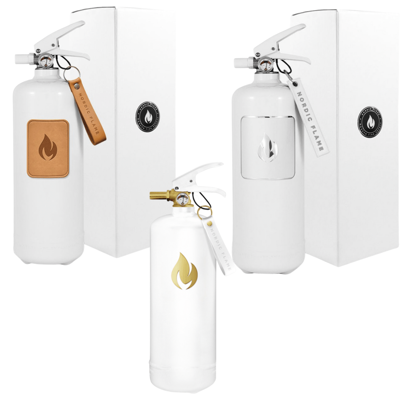 Nordic Flame Feuerlöscher wahlweise in weiß mit hellbraunem Leder oder in weiß mit weißem oder goldenem Emblem im Geschenkkarton, Löschkraft von 13A 89B C ist am stärksten auf dem Markt für 2 kg - Bitangel RENOVATE & FURNISH HOMES GmbH